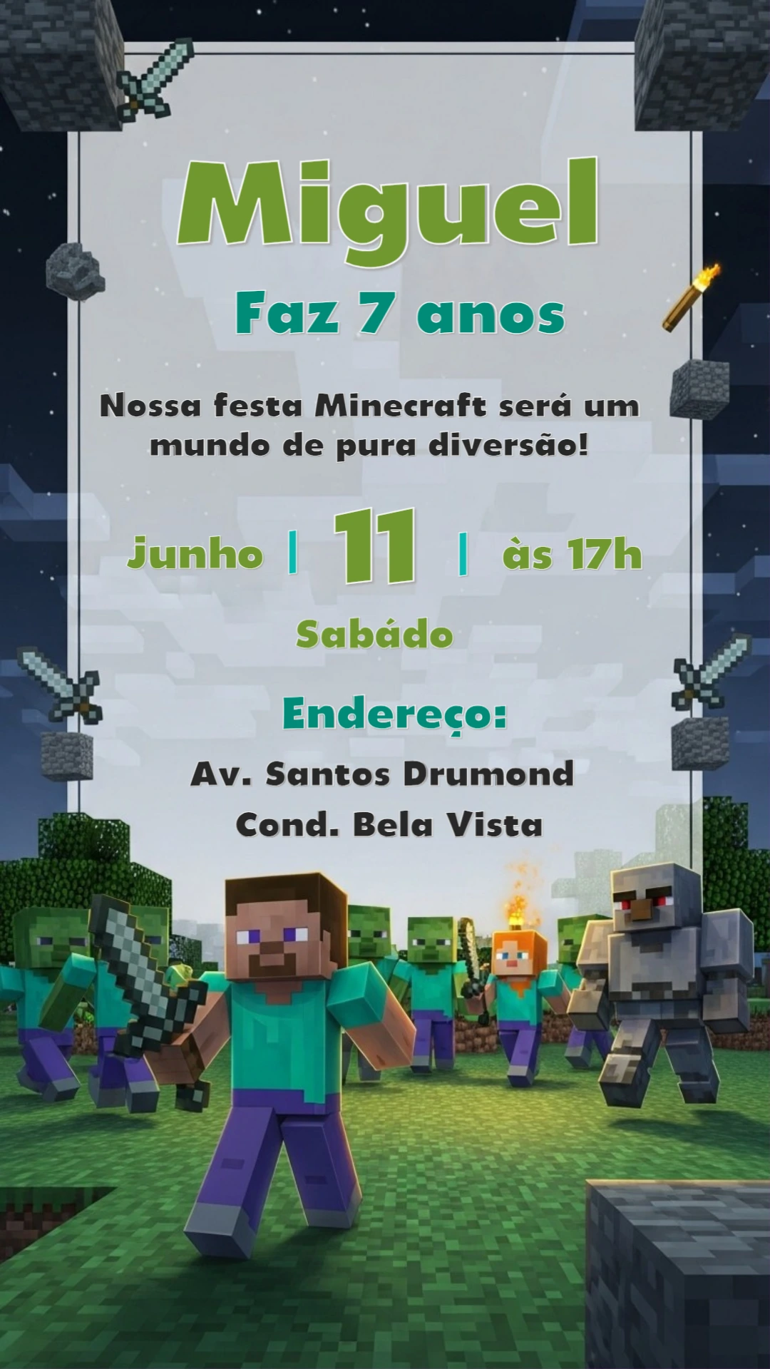 Convite de Aniversário Minecraft com Personagens para Editar Online