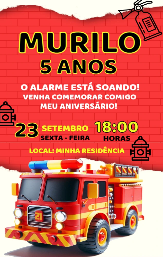 Convite de Aniversário Tema Bombeiro para Editar Online