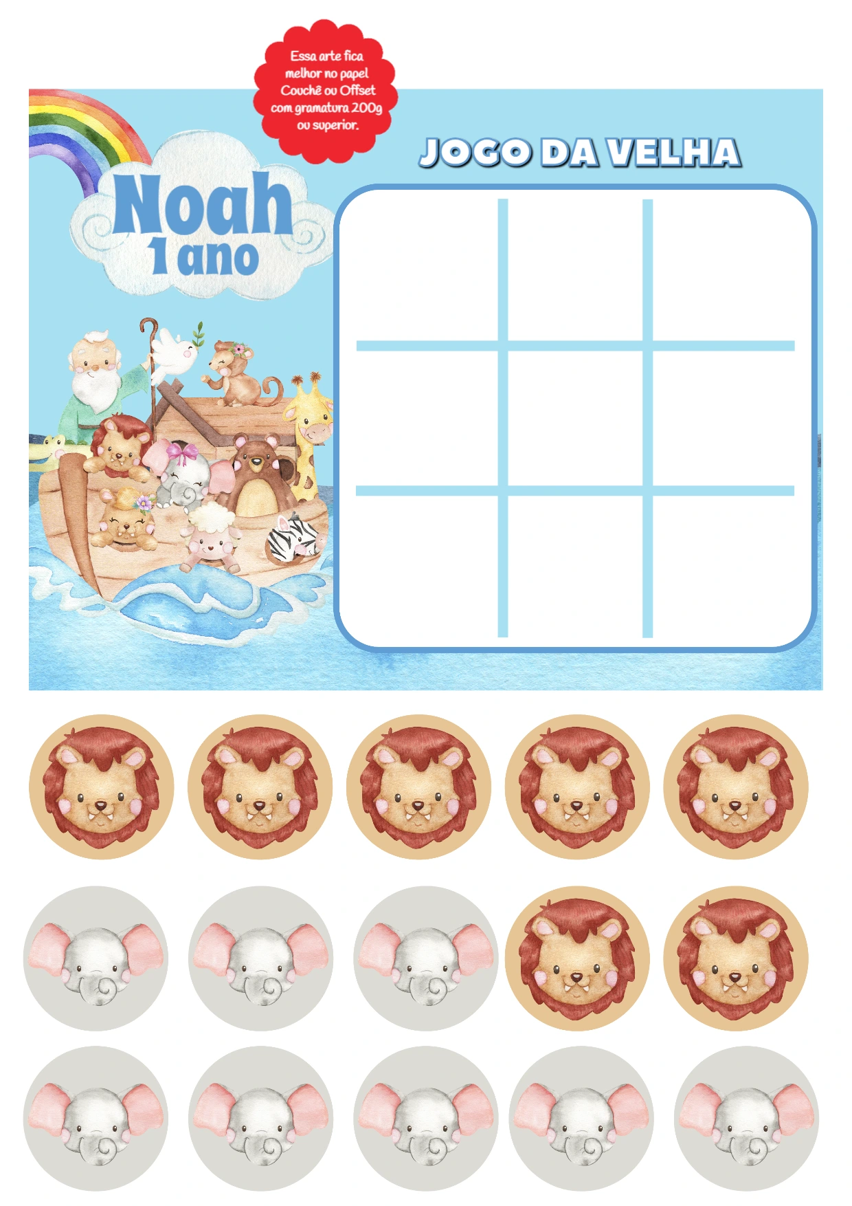 Jogo da Velha Arca de Noé Editável para Festa Infantil