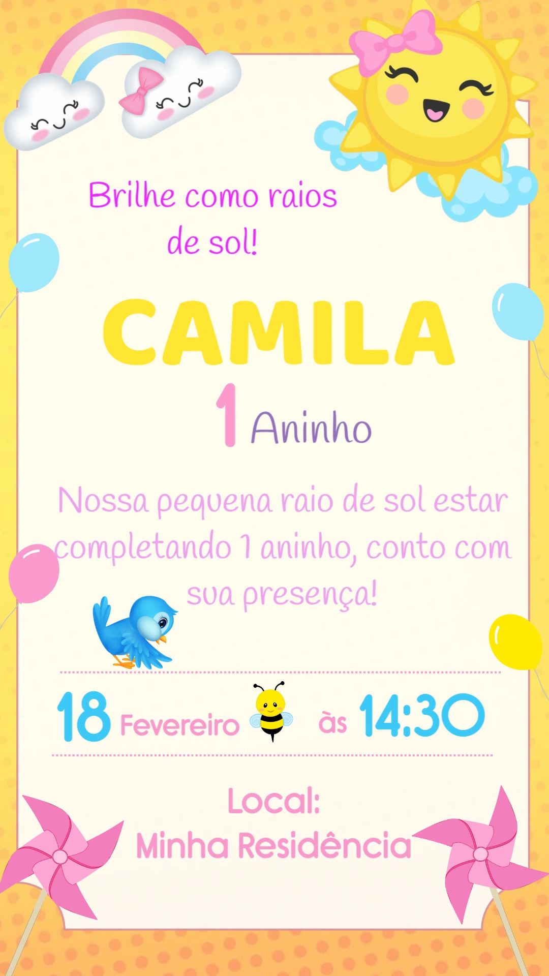 Convite Animado Aniversário Raio de Sol para Editar Online