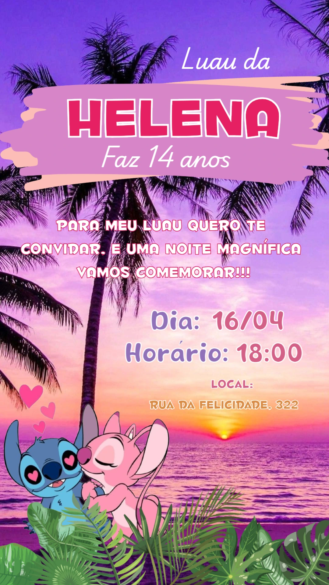 Convite de Aniversário Luau Stitch e Angel para Editar Online