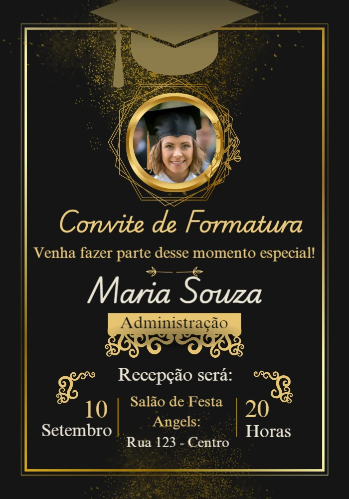 Convite de Formatura Preto e Dourado com Foto para Editar Online