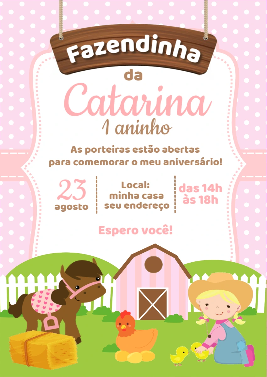 Convite Aniversário Fazendinha Menina para Editar Online