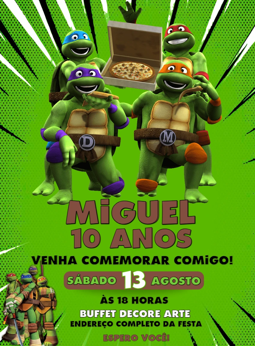 Convite de Aniversário Tartarugas Ninja para Editar Online