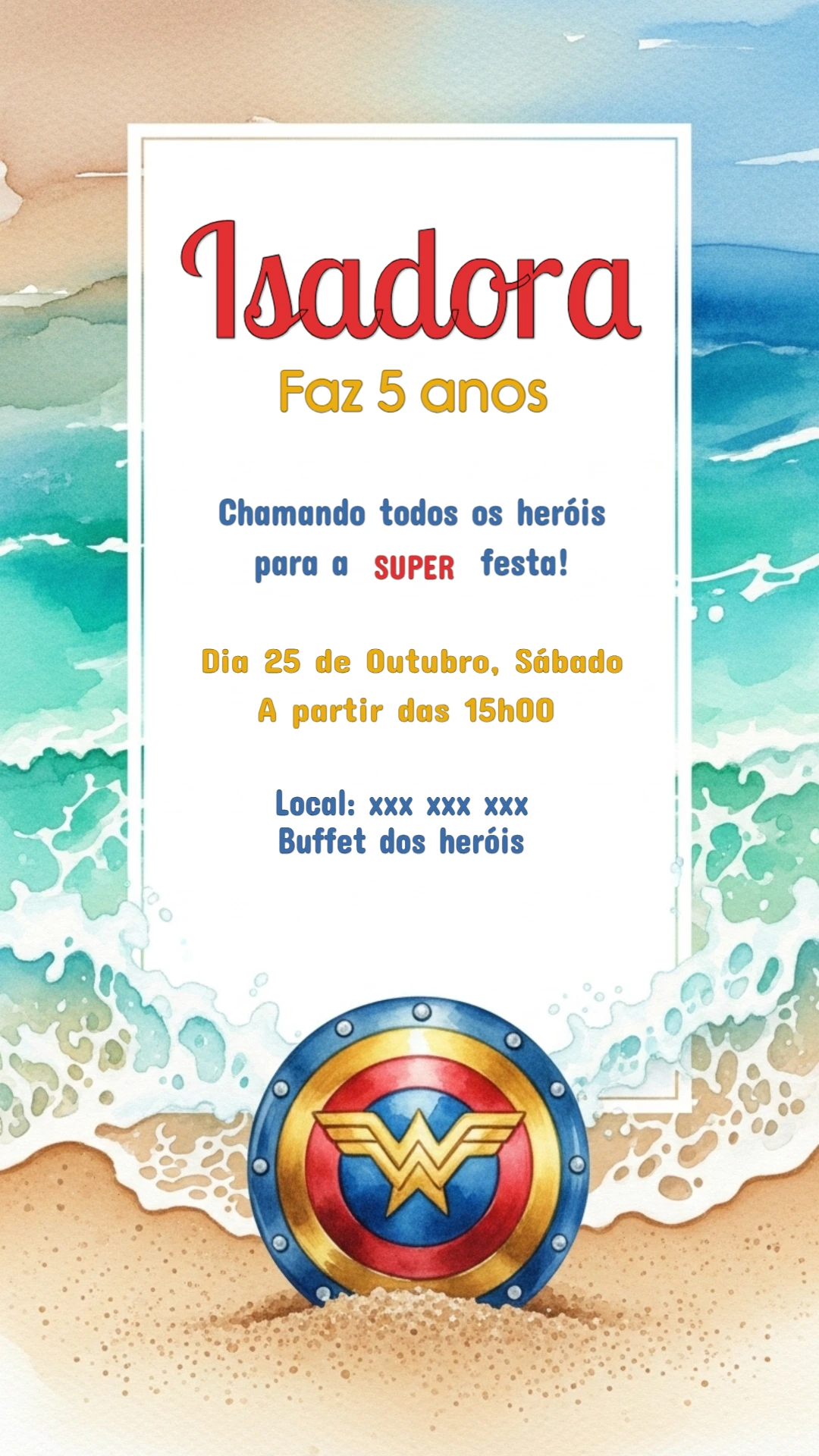 Convite Aniversário Mulher Maravilha Praia para Editar Online