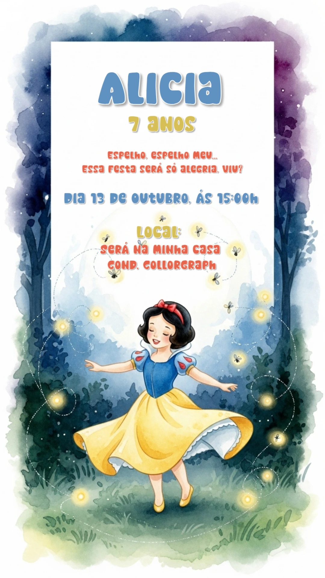 Convite de Aniversário Branca de Neve para Editar Online