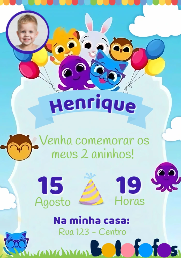 Convite Aniversário Bolofofos com Foto para Editar Online