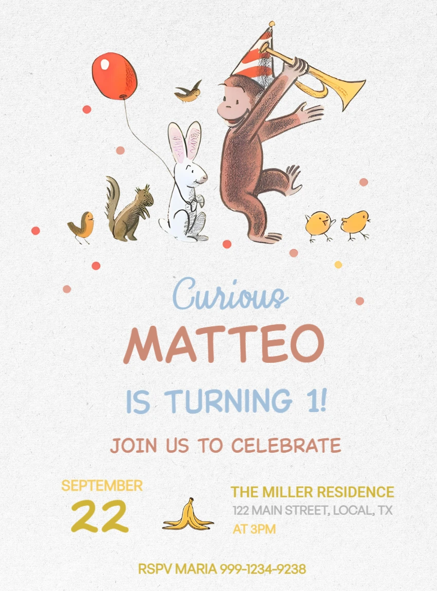 Curious George 1st Birthday Invitation Editable Template