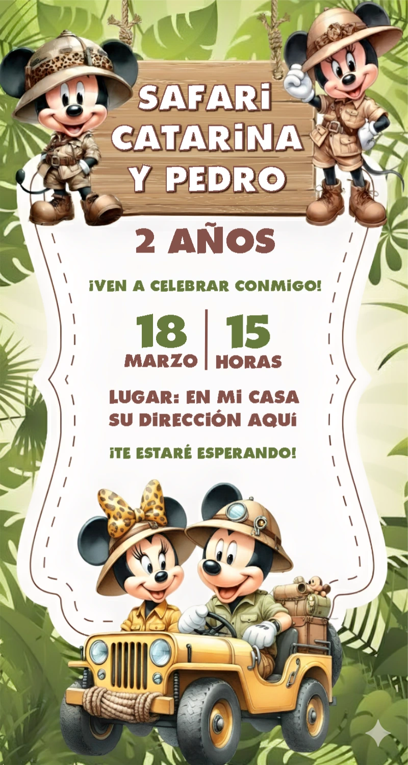 Invitación de Cumpleaños de Mickey y Minnie Safari para Editar