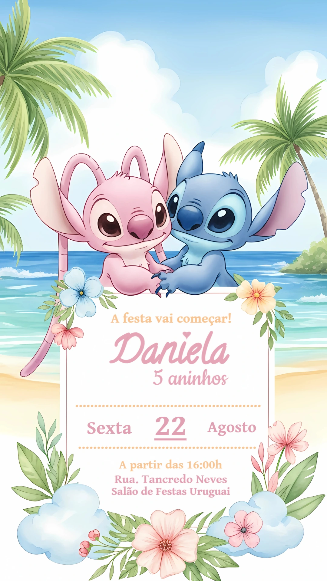 Convite Aniversário Stitch e Angel Tropical para Editar Online