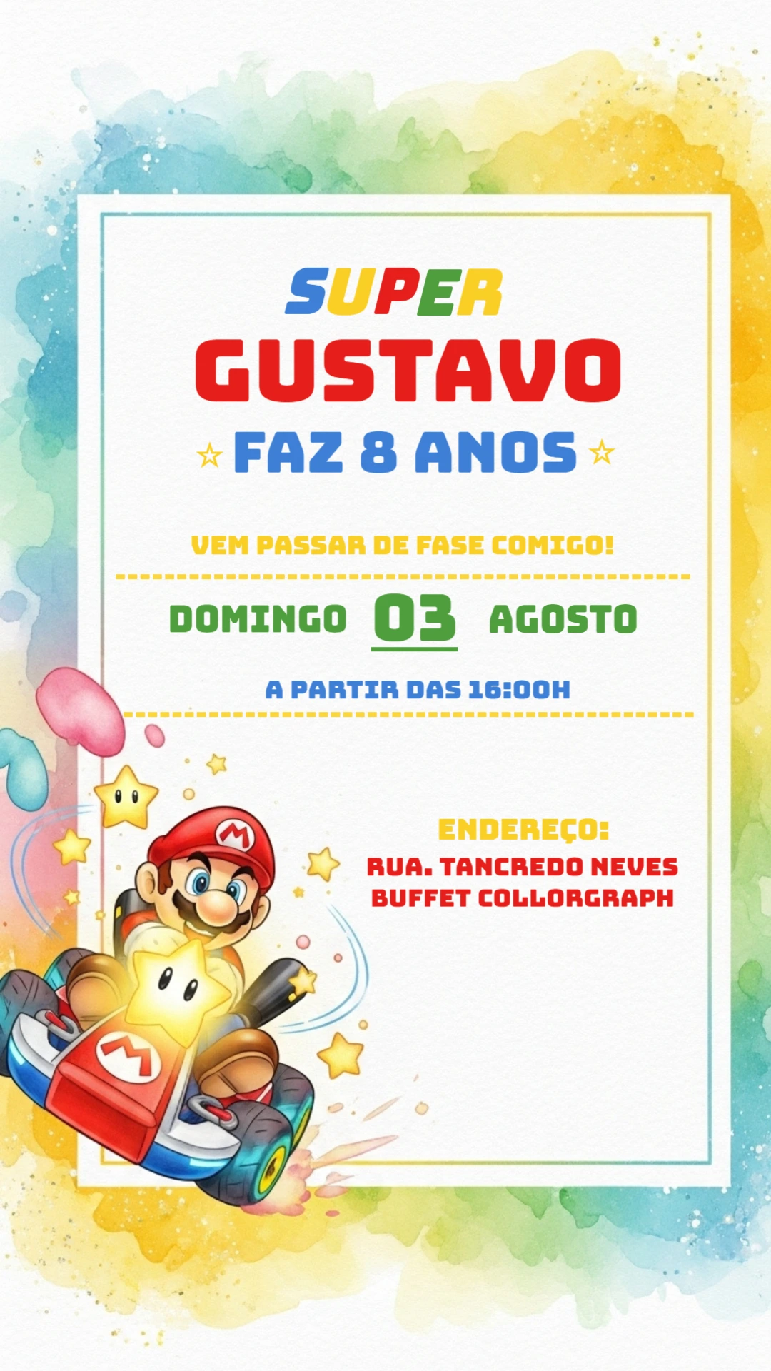 Convite de Aniversário Super Mario para Editar Online
