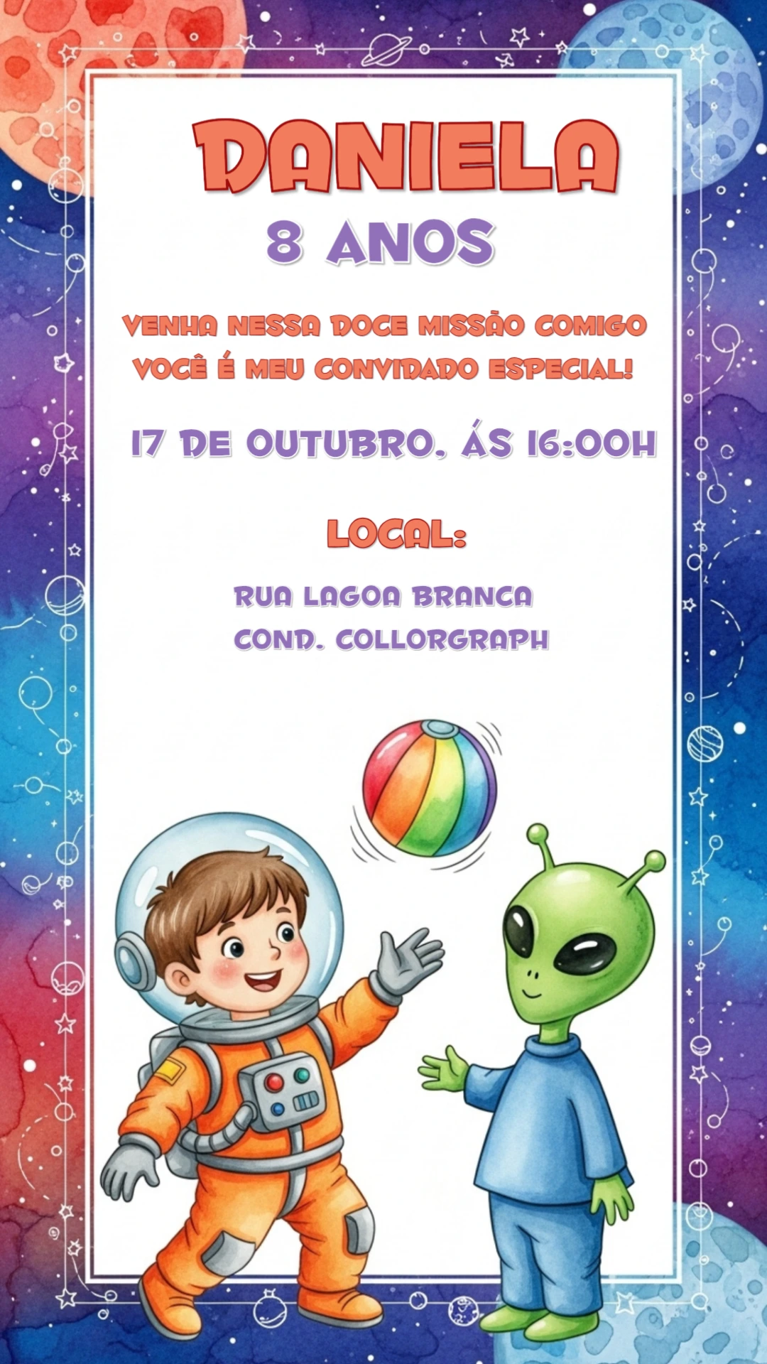 Convite de Aniversário Astronauta e Alienígena para Editar