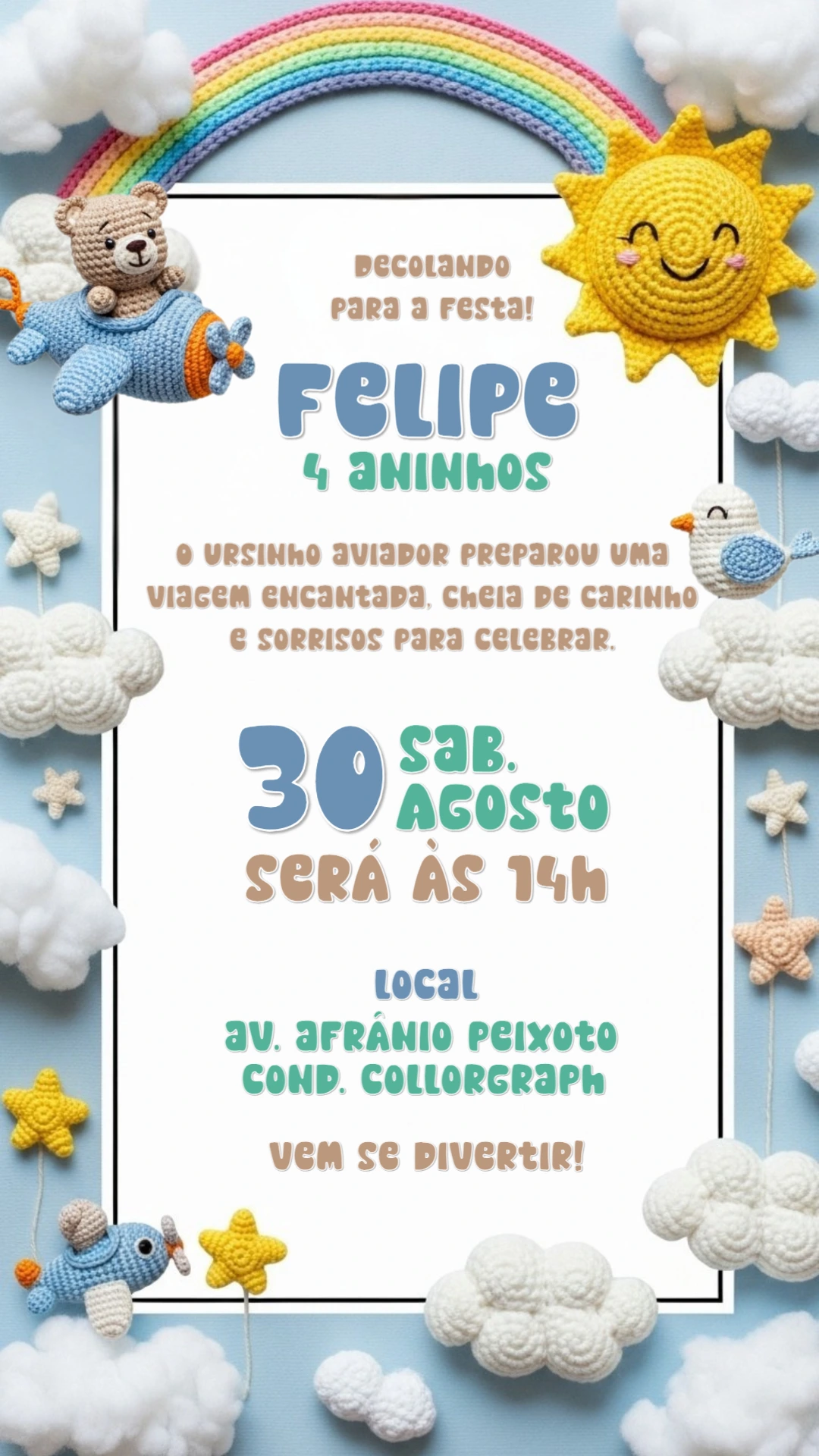 Convite Aniversário Ursinho Aviador Amigurumi para Editar Online