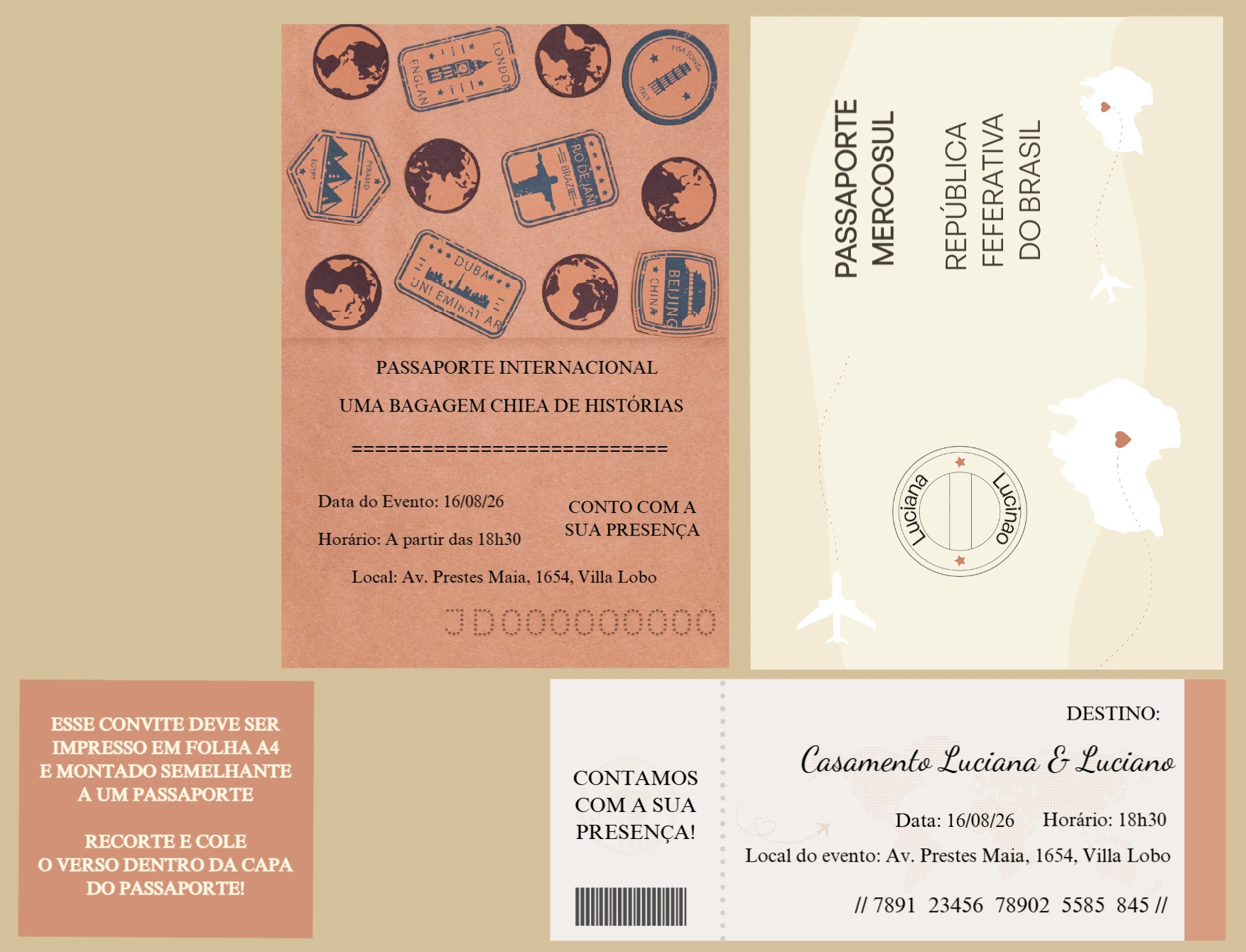 Convite de Casamento Tema Viagem Passaporte Editável para Imprimir