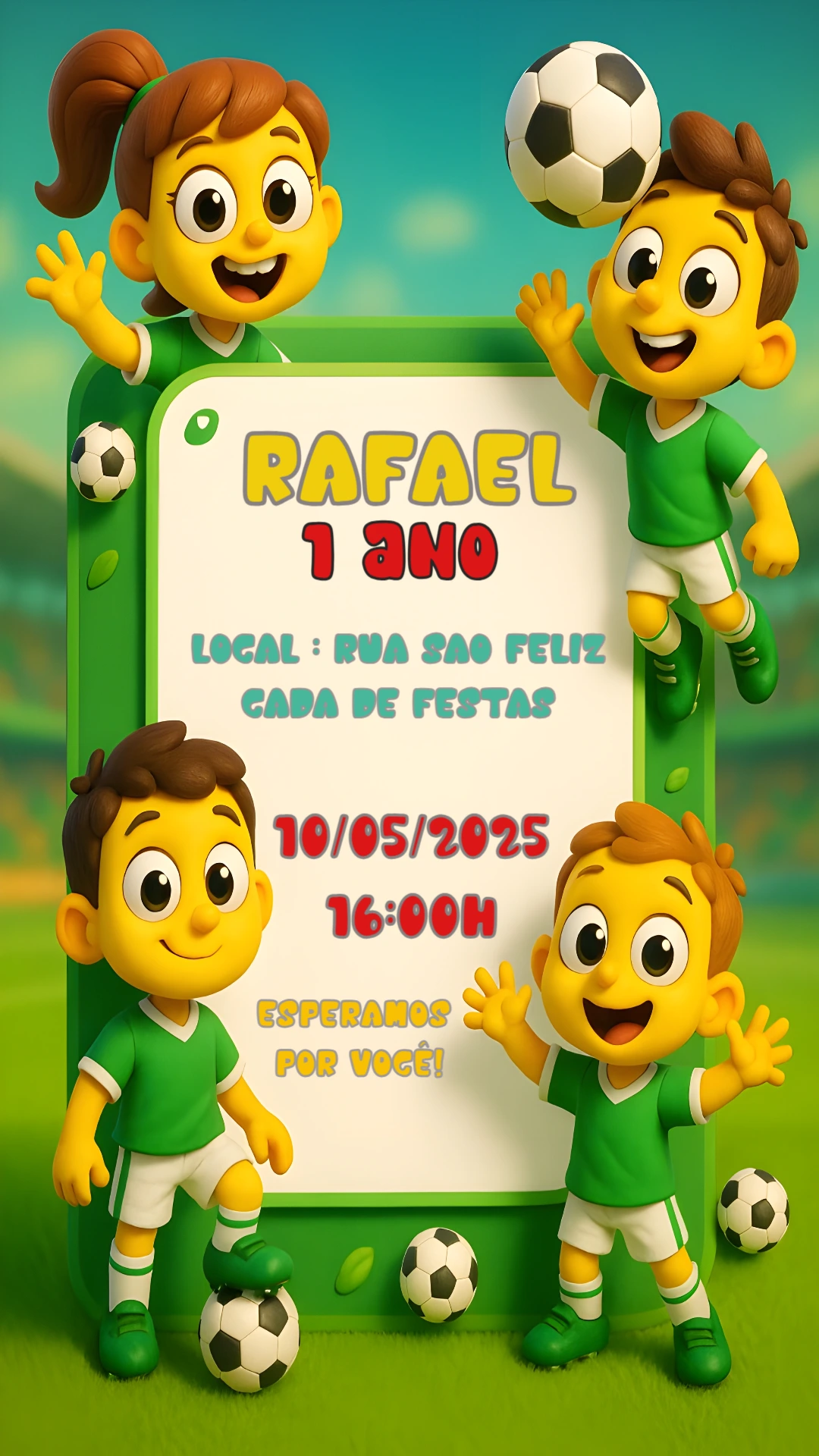 Convite Aniversário Futebol com Bonecos 3D para Editar Online