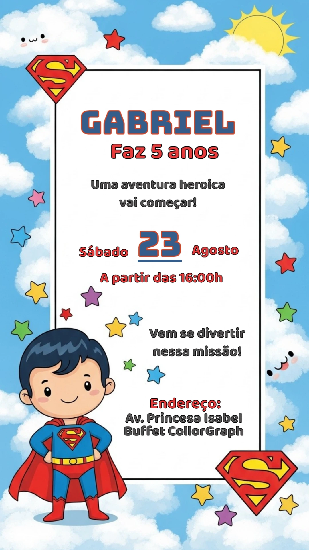Convite de Aniversário Superman Fofo para Editar Online