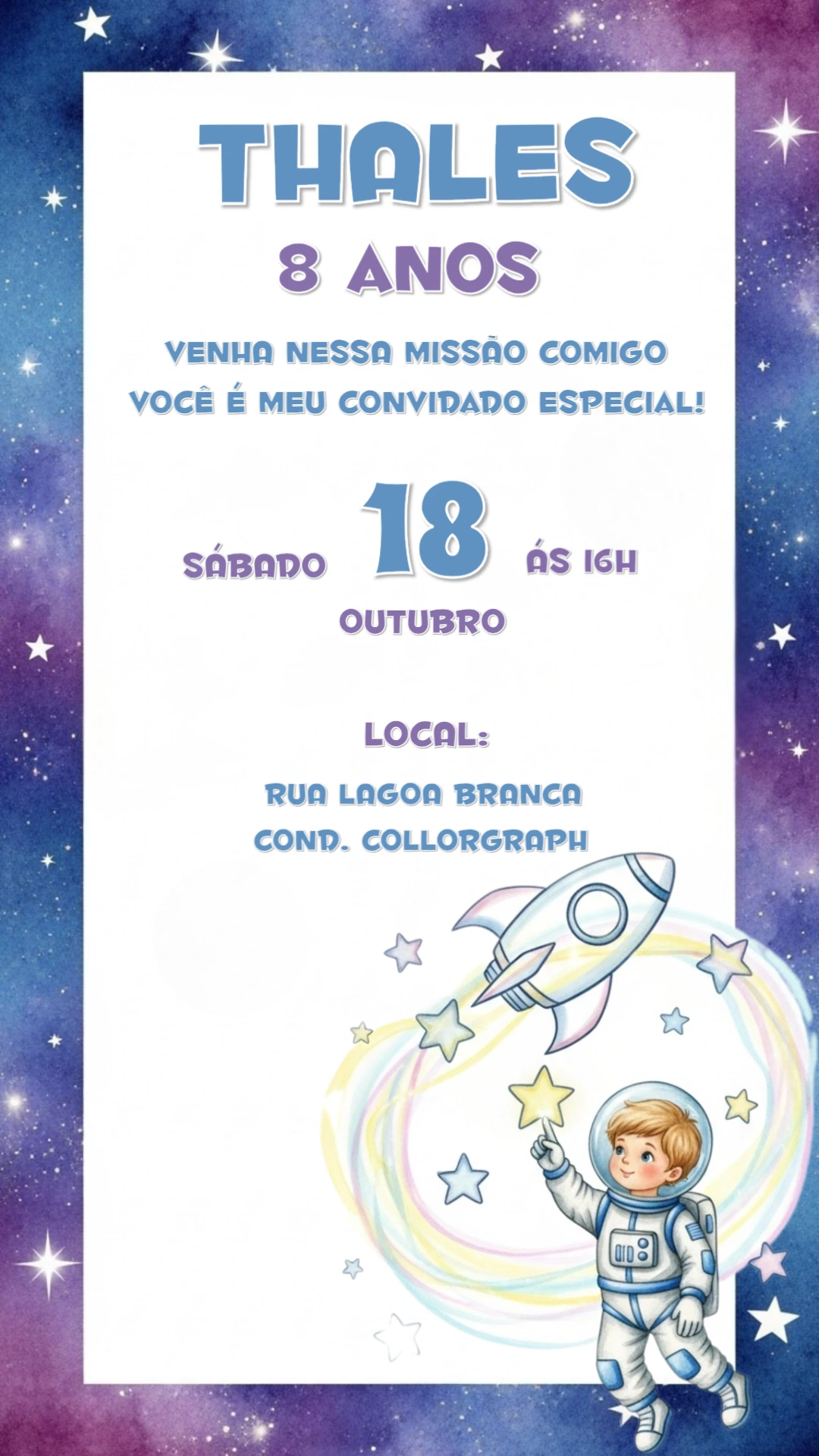 Convite de Aniversário Astronauta no Espaço para Editar
