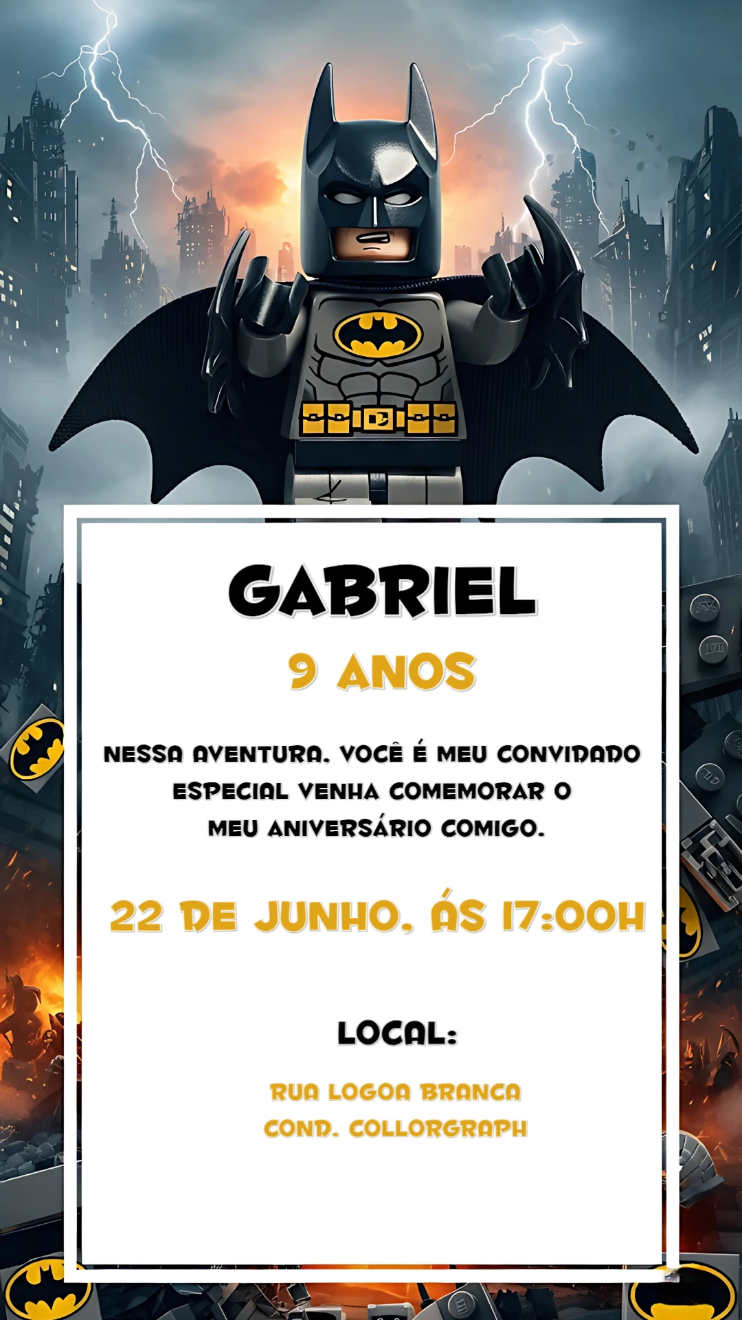 Convite de Aniversário Batman Lego Editável Online