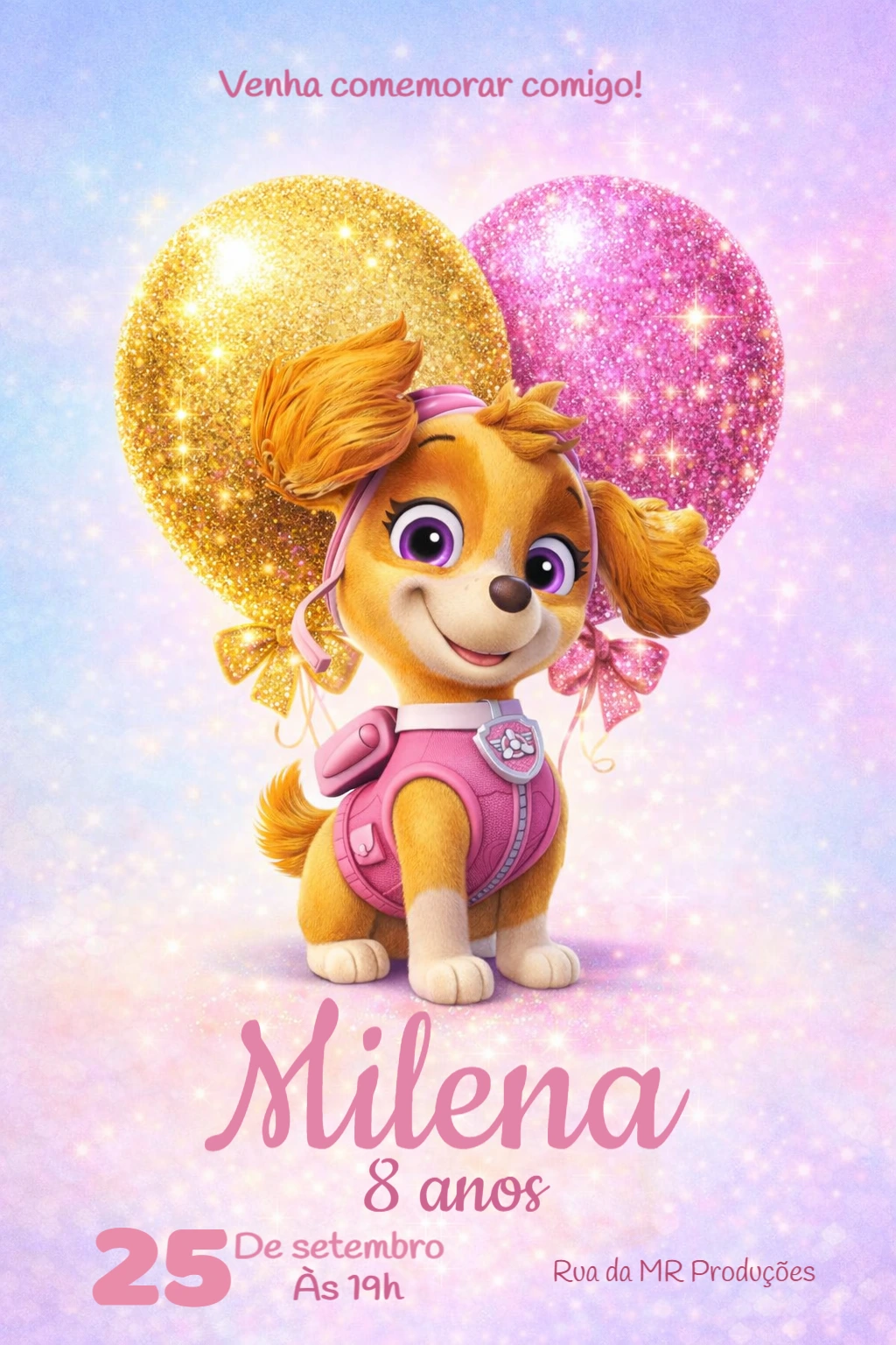 Convite Digital Aniversário Skye Patrulha Canina com Glitter Editável