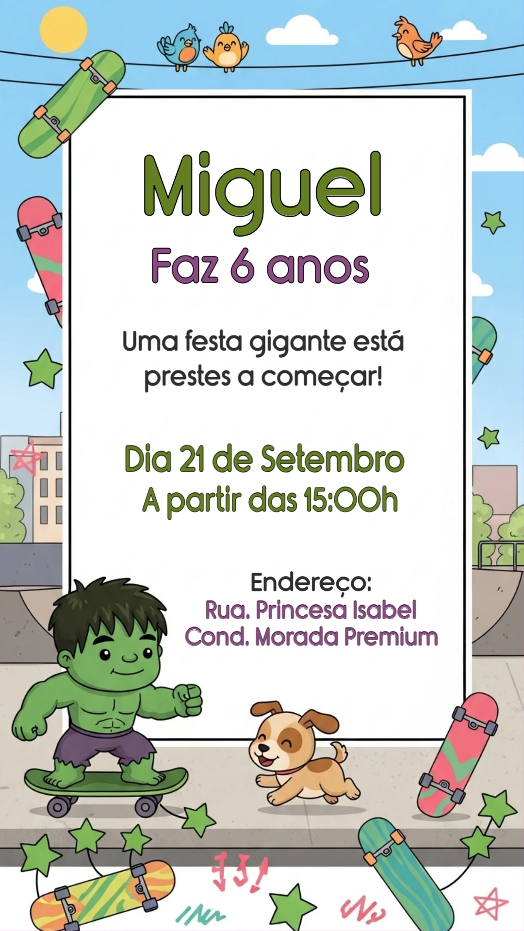 Convite de Aniversário Incrível Hulk Skatista para Editar
