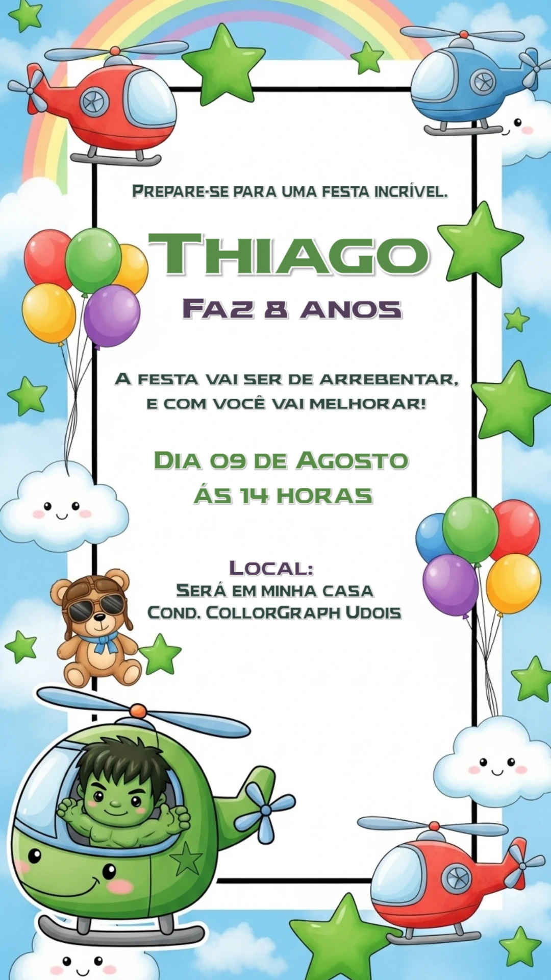 Convite de Aniversário Hulk no Helicóptero para Editar Online