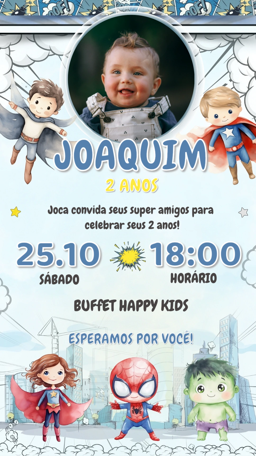 Convite Aniversário Super-Heróis com Foto para Editar Online