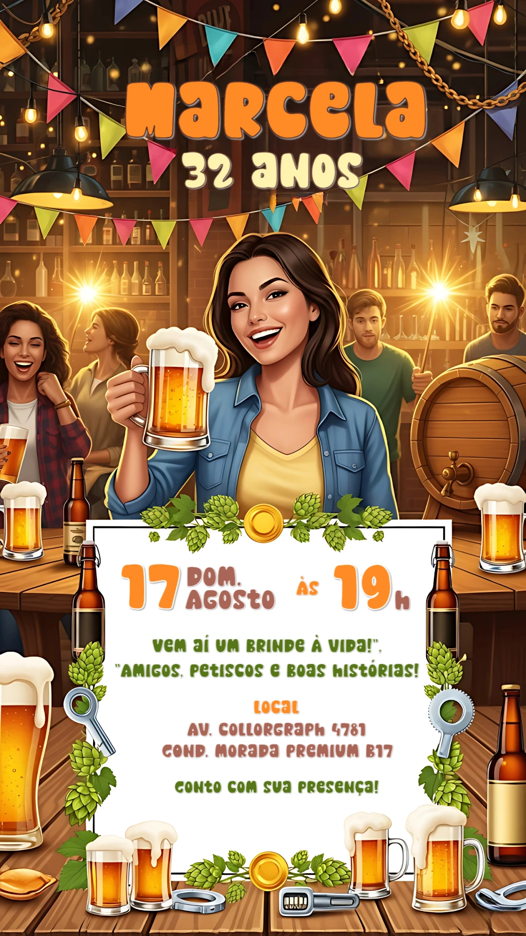 Convite de Aniversário Boteco Ilustrado para Editar Online