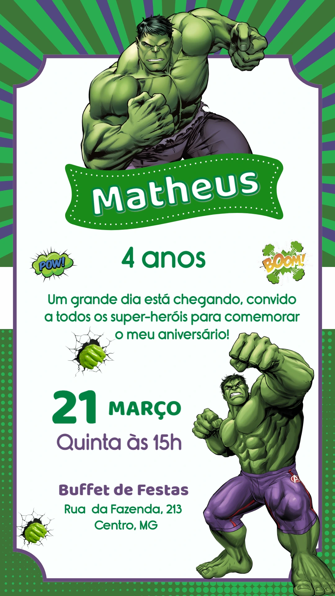 Convite Incrível Hulk Editável para Festa de Aniversário