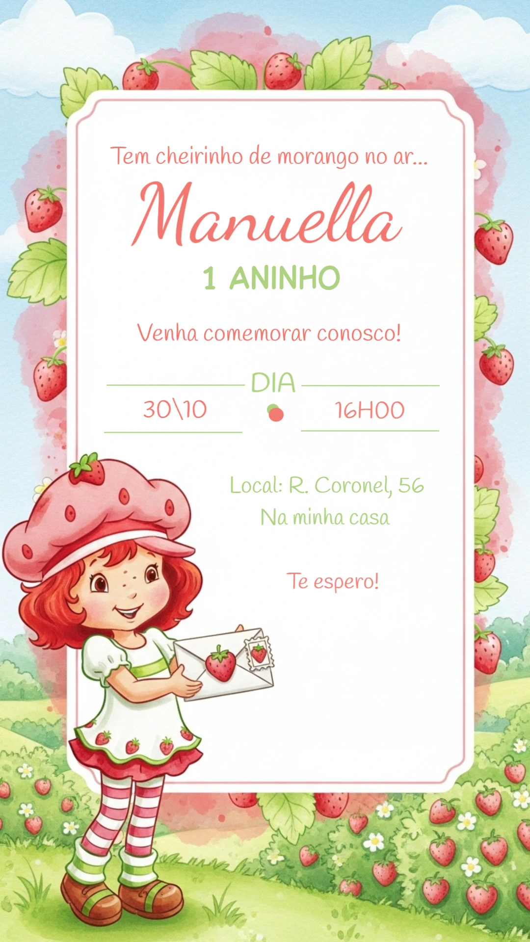 Convite Aniversário Moranguinho Clássica para Editar Online