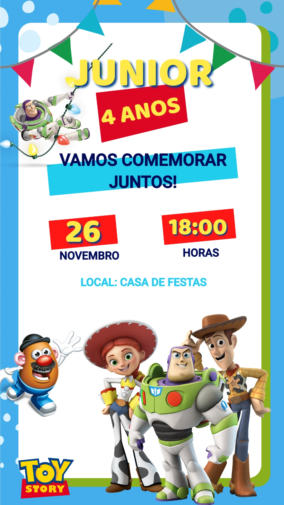 Convite de Aniversário Toy Story Colorido para Editar