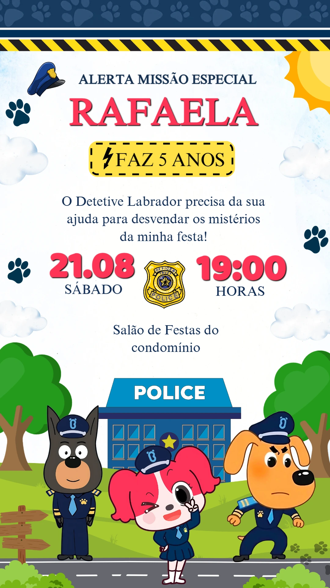 Convite Aniversário Detetive Labrador para Editar Online