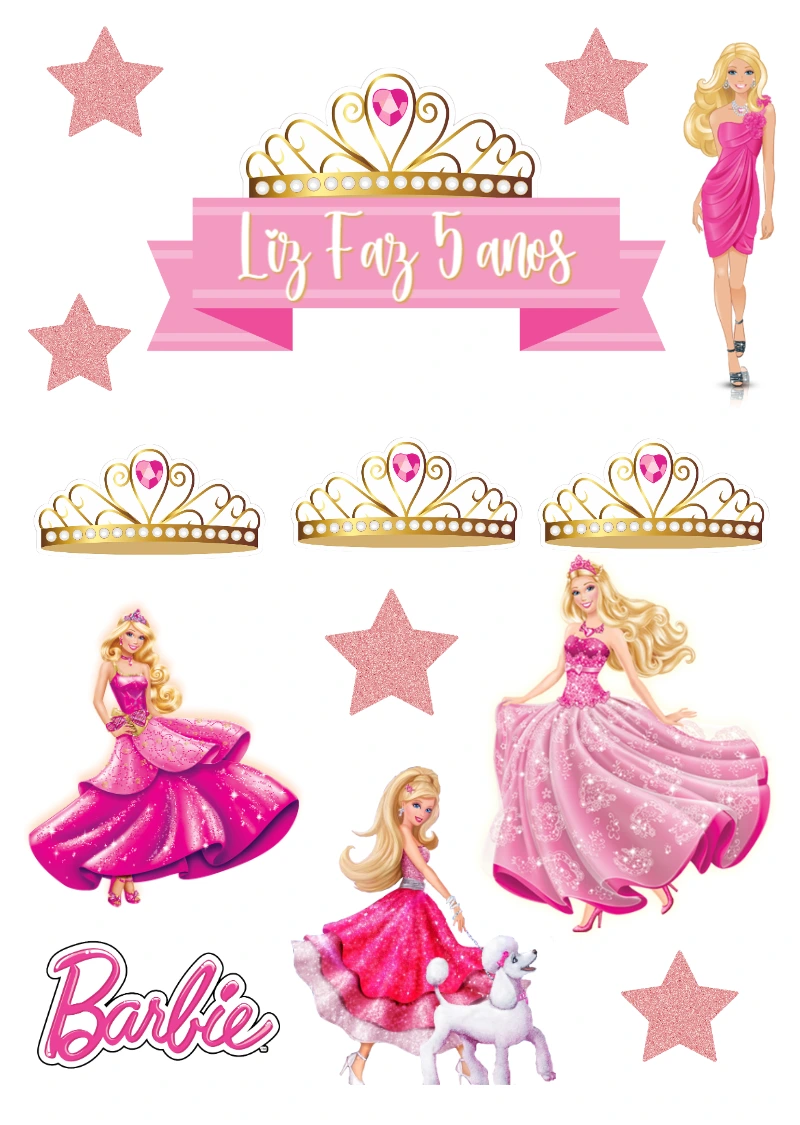 Kit Topper Topo de Bolo Barbie Princesa para Editar Online
