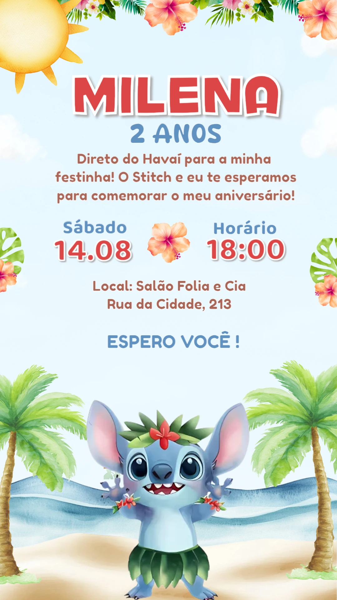 Convite de Aniversário Stitch Havaiano para Editar Online