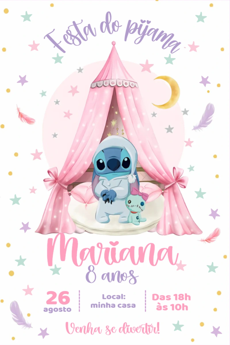 Convite Aniversário Stitch Festa do Pijama para Editar