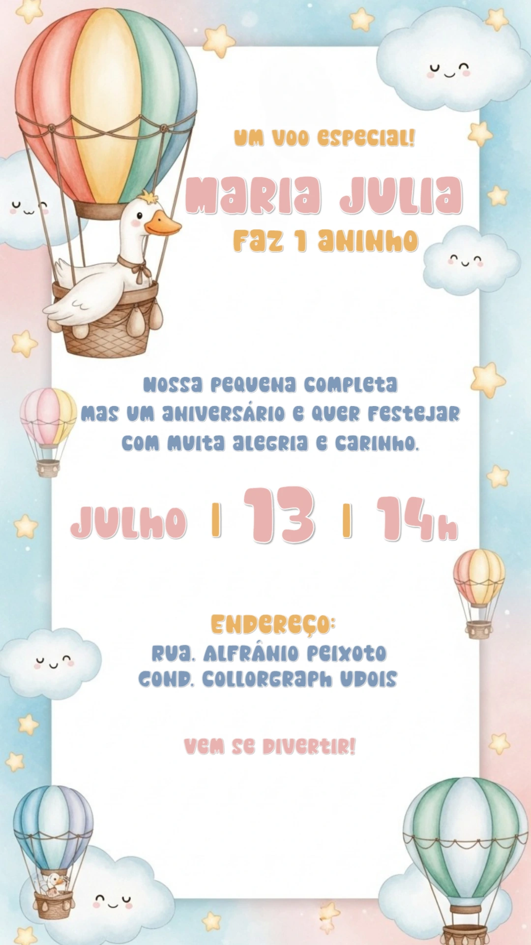 Convite Aniversário Ganso no Balão Editável Online