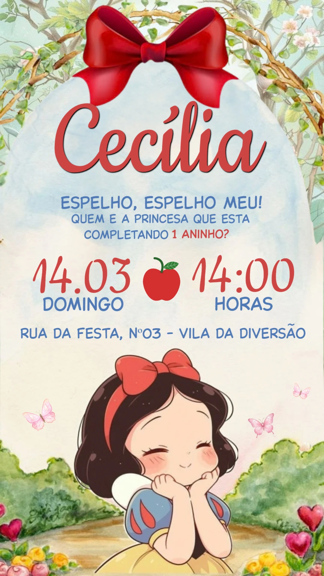 Convite Digital Branca de Neve Fofa para Aniversário Editável