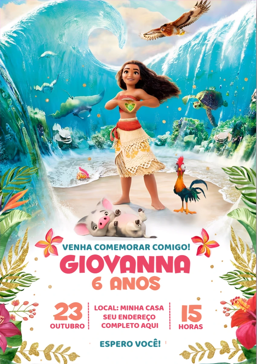 Convite de Aniversário Moana para Editar e Imprimir