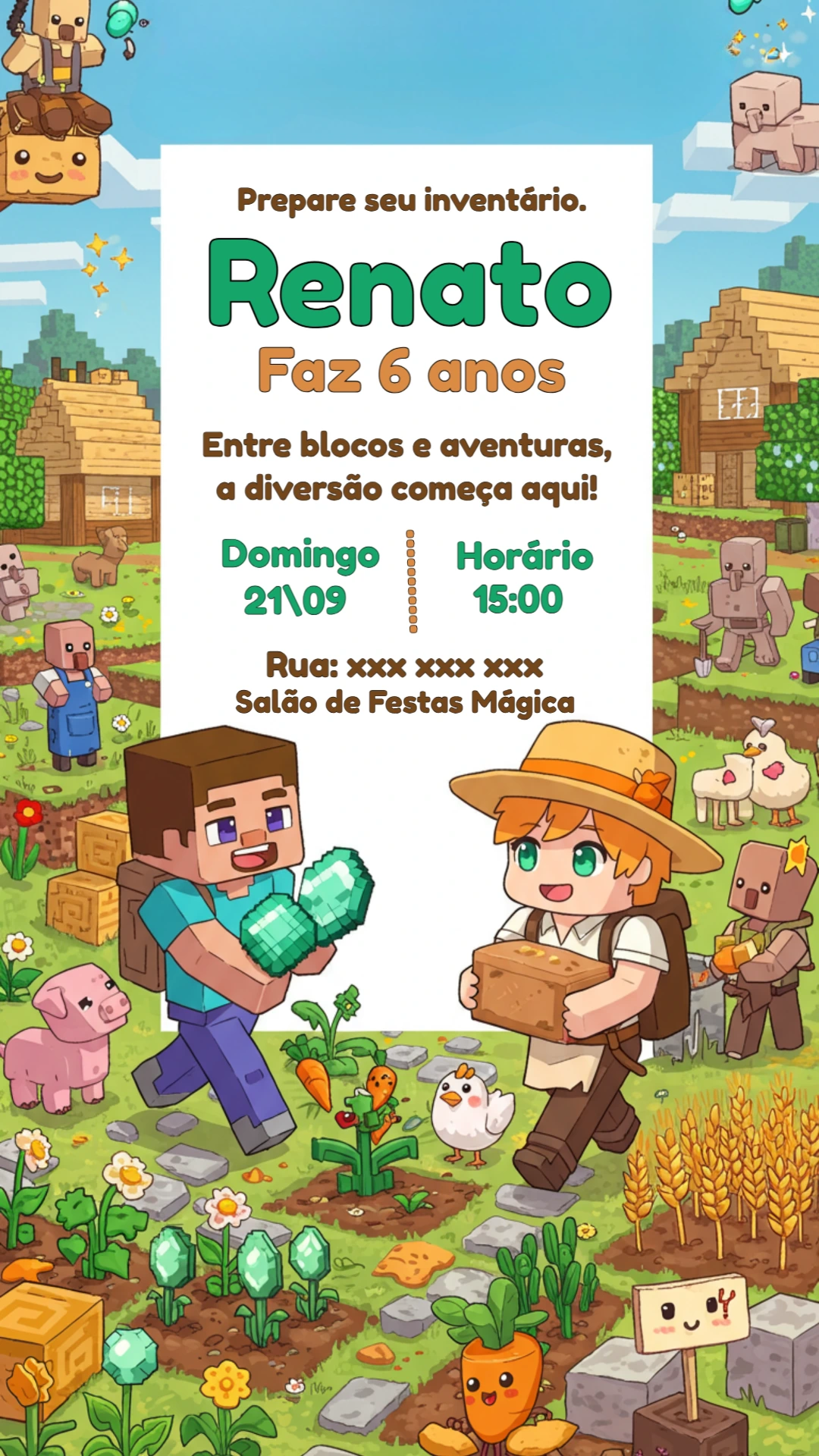 Convite de Aniversário Minecraft com Personagens para Editar