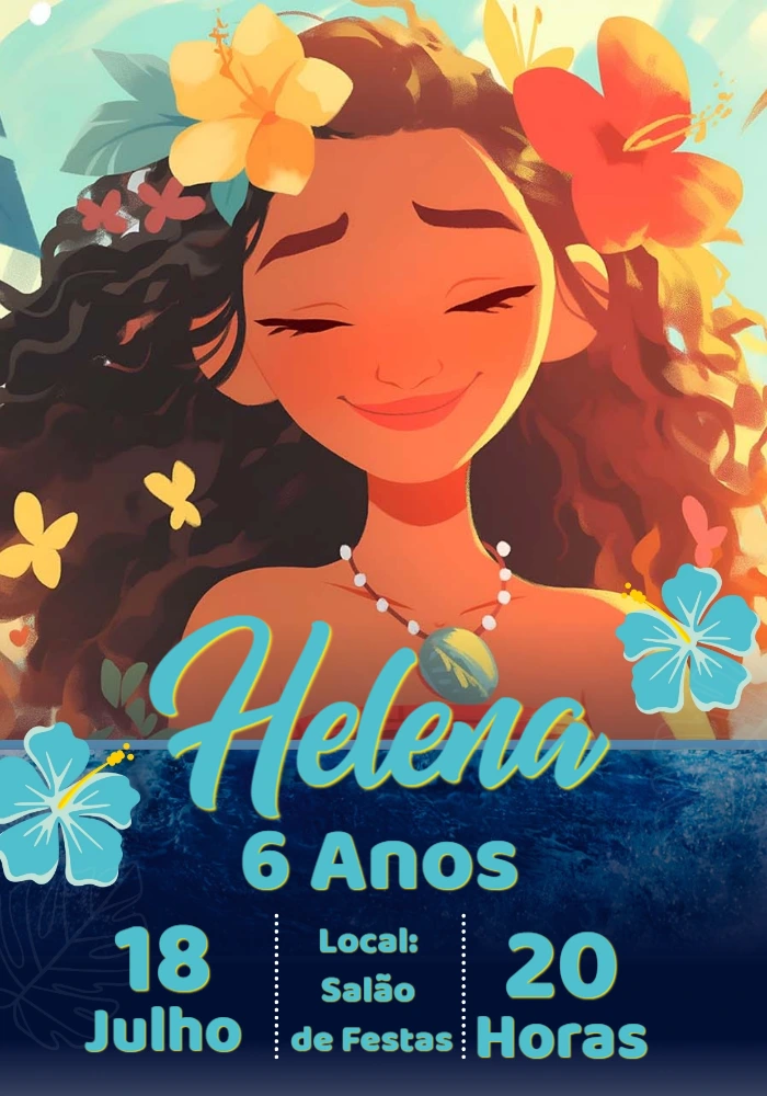 Convite de Aniversário Moana Tropical para Editar e Imprimir