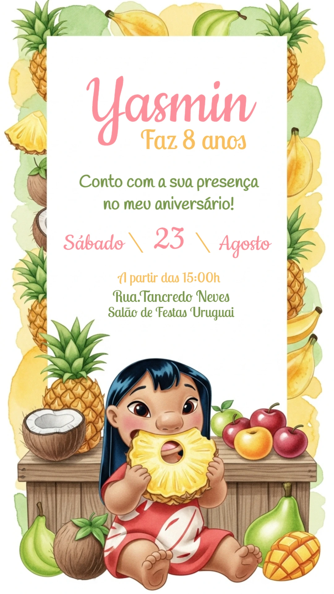 Convite de Aniversário Lilo & Stitch com Frutas para Editar