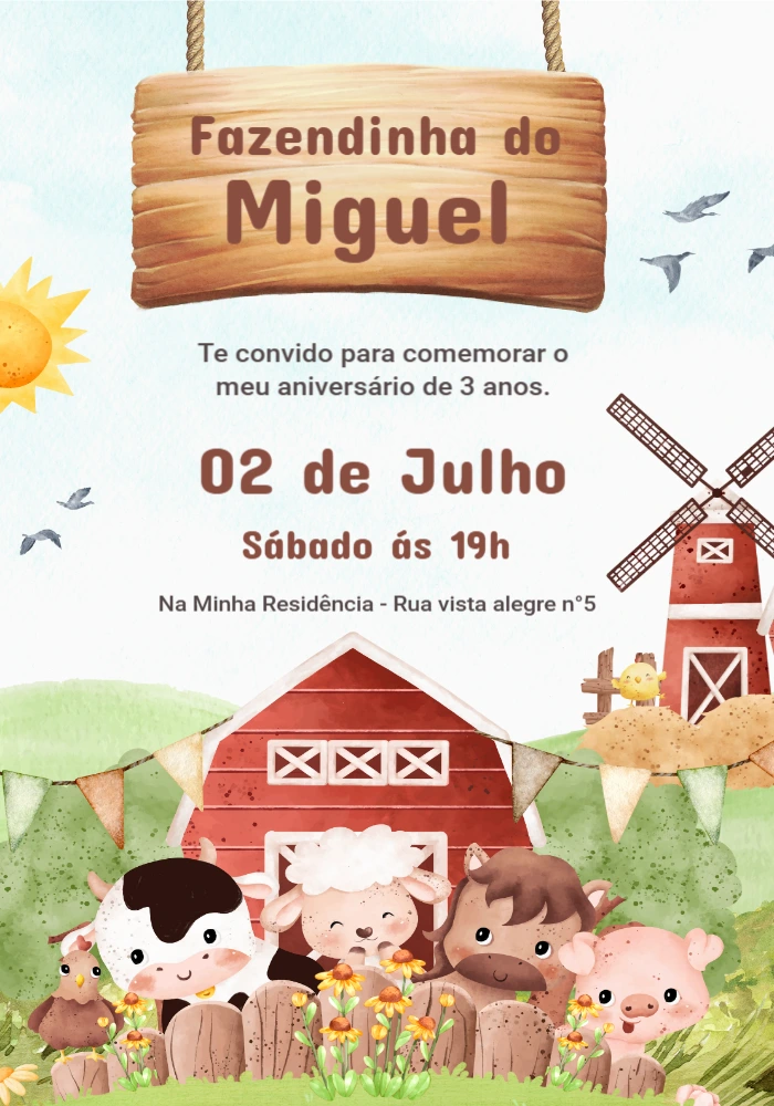 Convite Aniversário Fazendinha com Animais para Editar Online