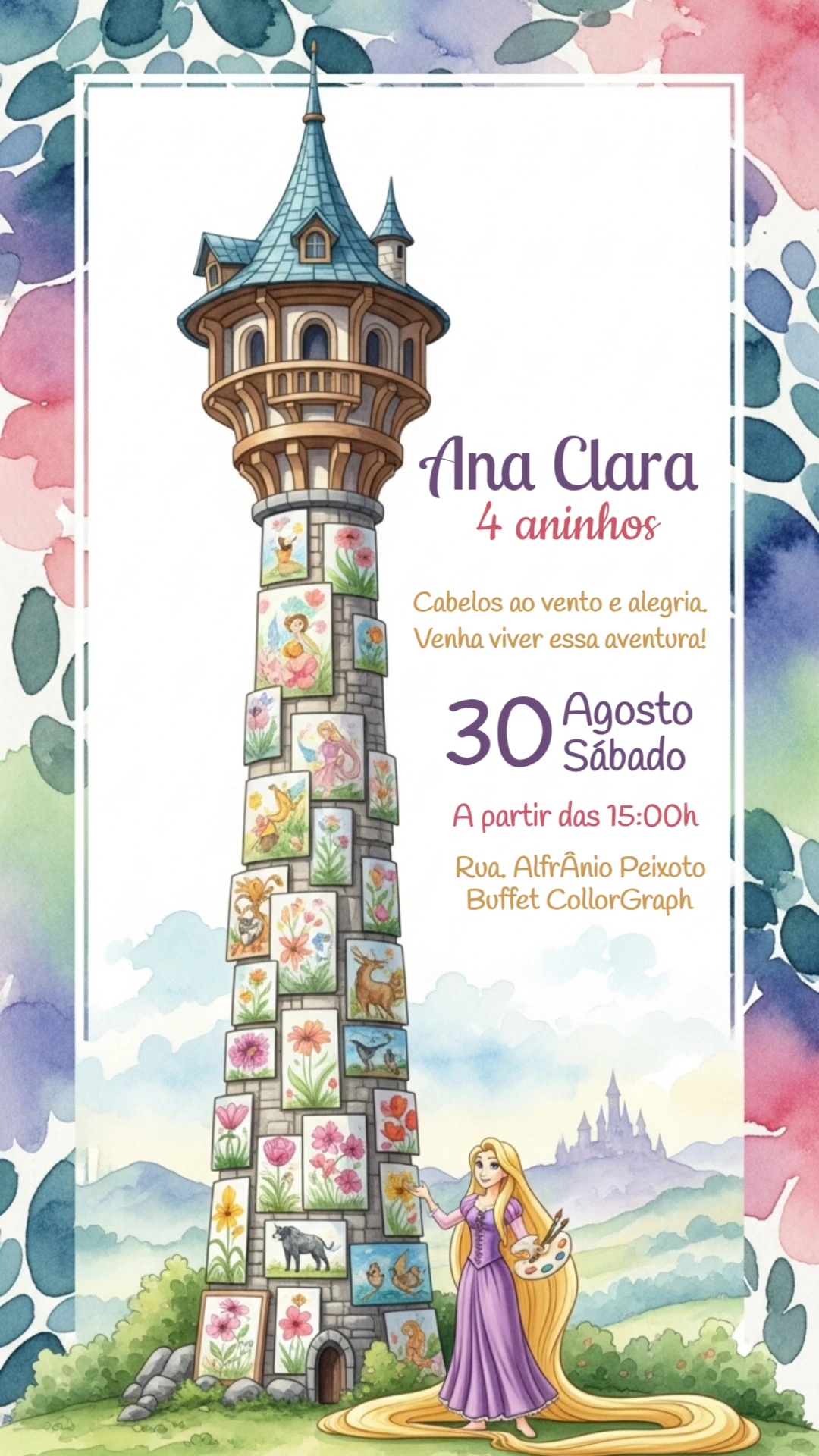 Convite de Aniversário Enrolados Rapunzel para Editar