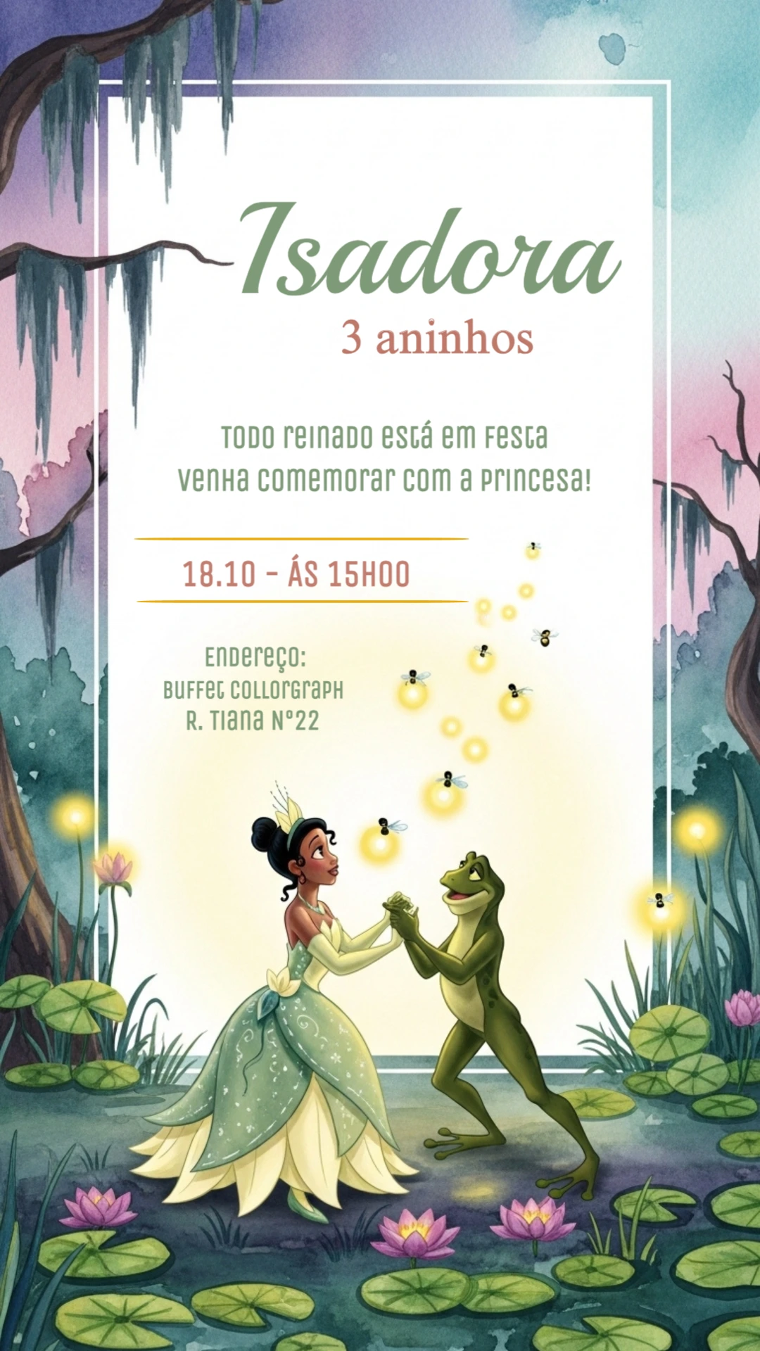 Convite Aniversário Princesa e o Sapo para Editar Online