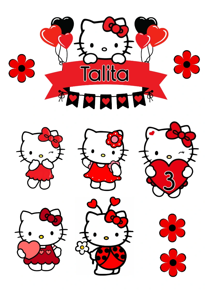Topo de Bolo Aniversário Hello Kitty para Editar e Imprimir