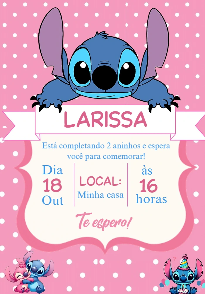 Convite Aniversário Stitch e Angel para Editar Online