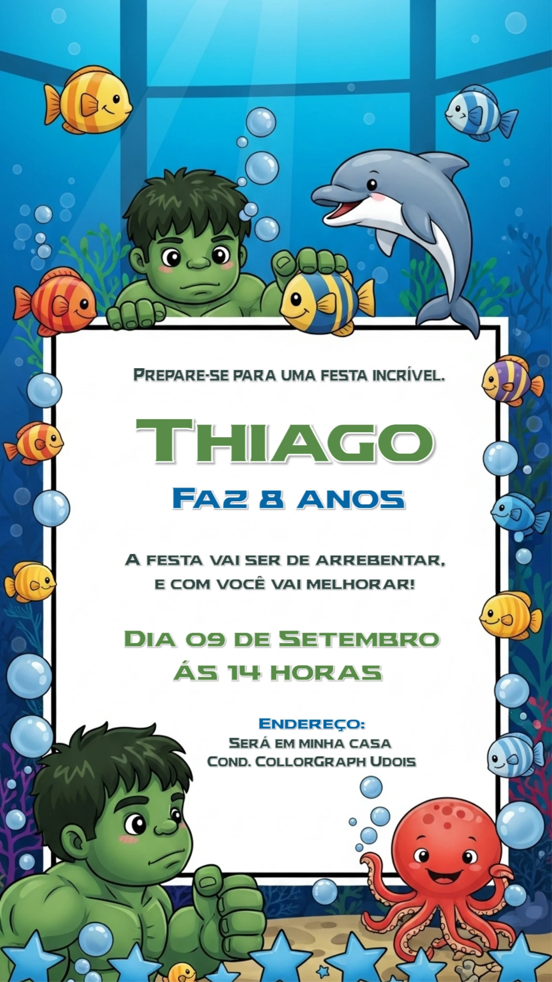 Convite Aniversário Hulk Fundo do Mar para Editar Online