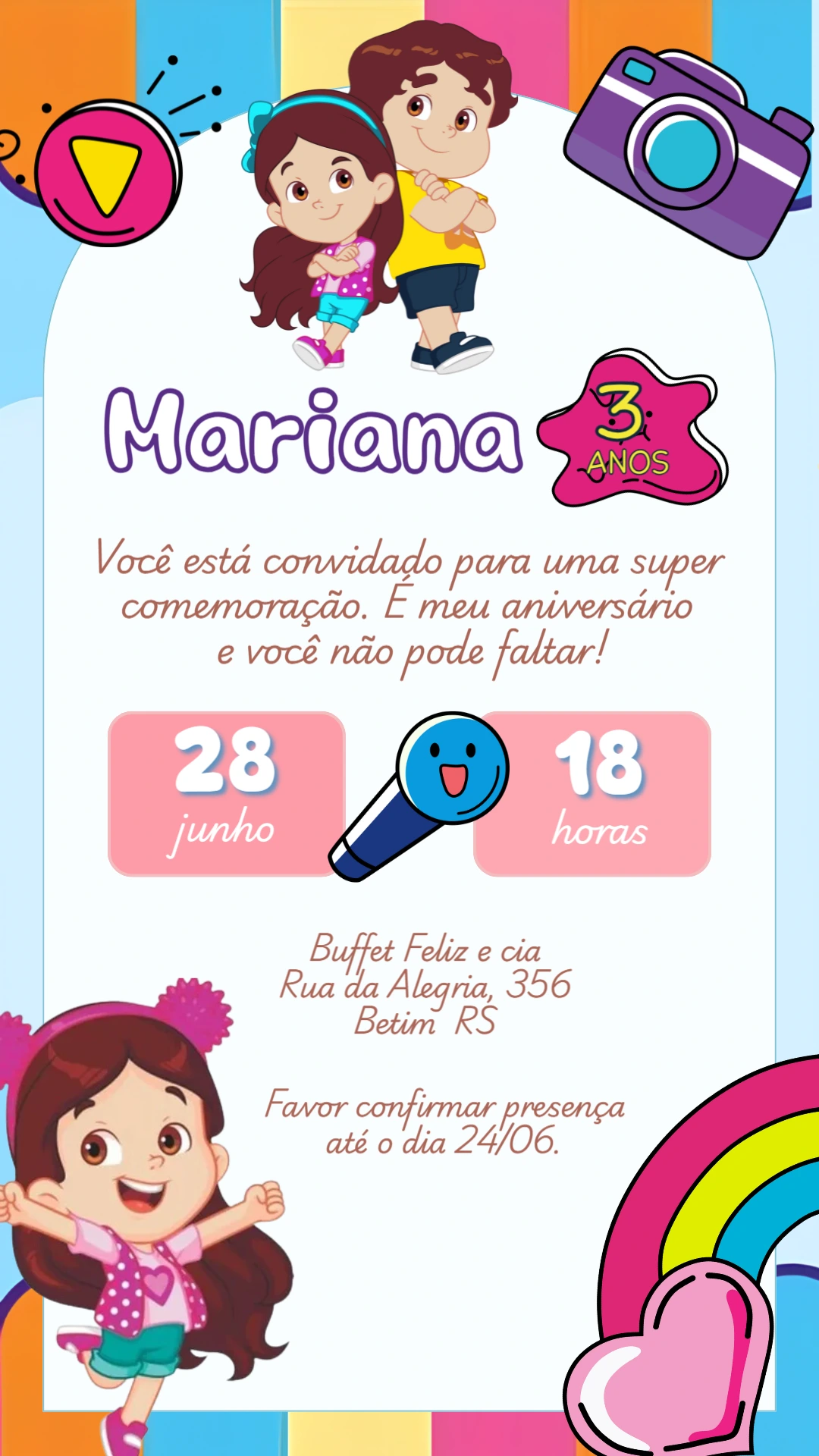 Convite de Aniversário Maria Clara e JP para Editar Online