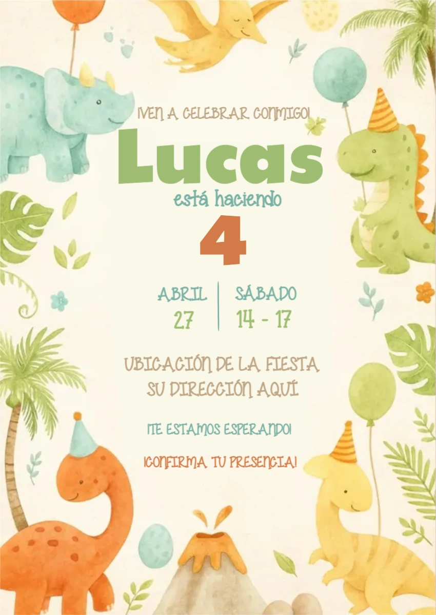 Invitación de Cumpleaños de Dinosaurio Bebé para Editar Online