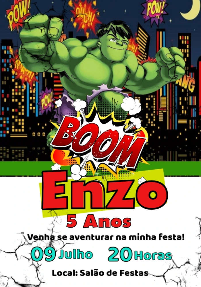 Convite de Aniversário Hulk Editável para Imprimir