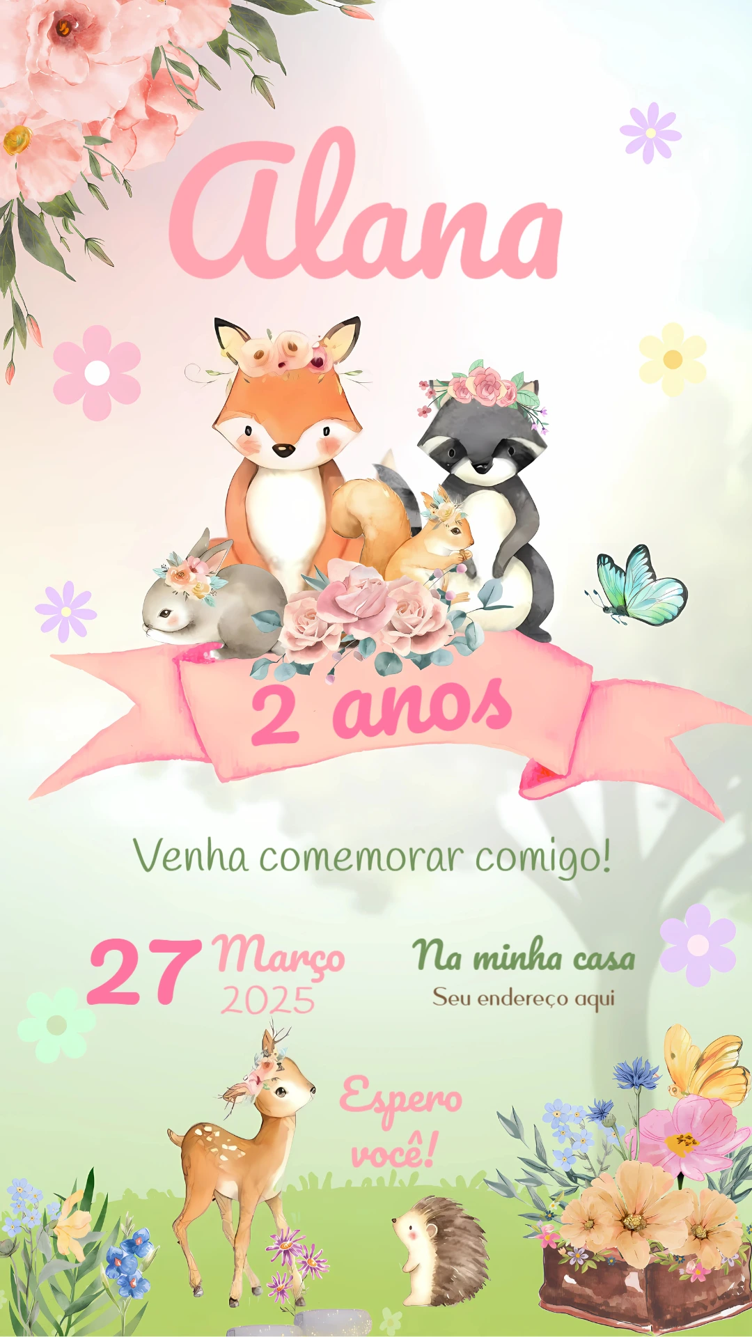 Convite Aniversário Bosque Encantado com Animais para Editar